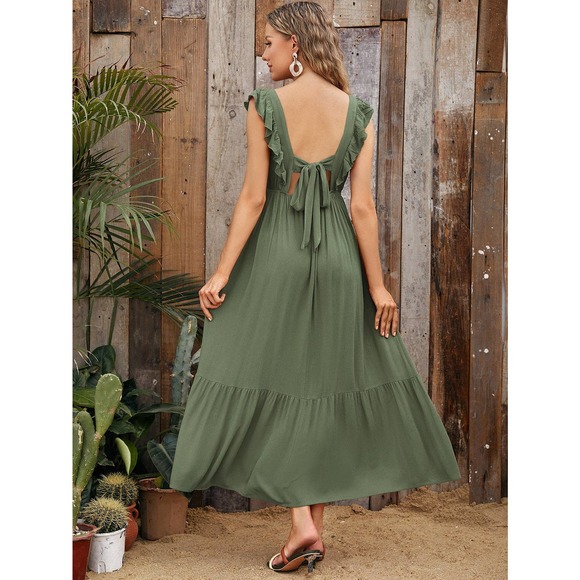 Maternity Tie Backless Ruffle Trim Dress - Picture 2 of 11